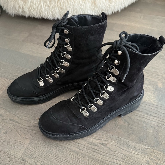 Black Faux Suede Combat Boot - Picture 2 of 8